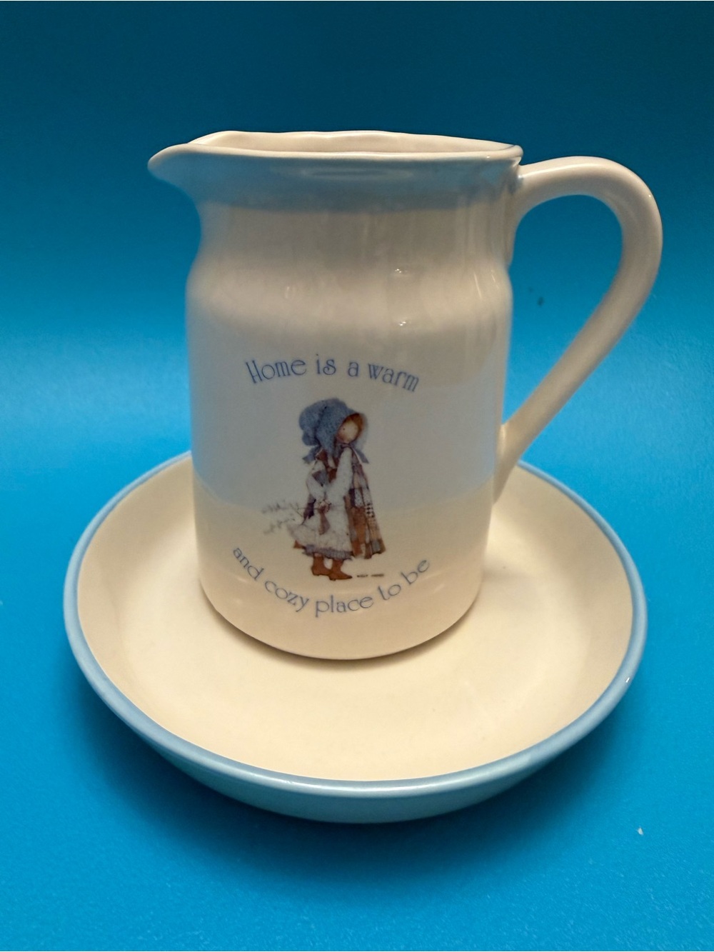 Vintage 1978 Holly Hobbie Blue Girl Stoneware Pitcher & Bowl Set